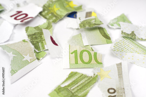Ripped euro banknote on white background.