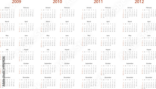 Simple calendar for 2009, 2010, 2011 and 2012.