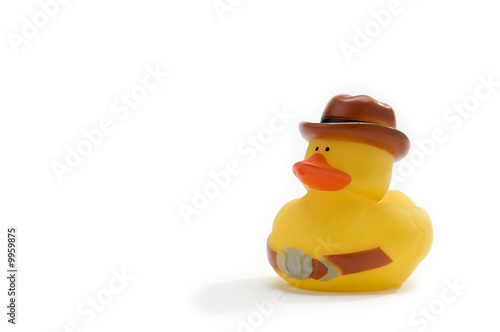 rubber duck with brown derby hat, and belt