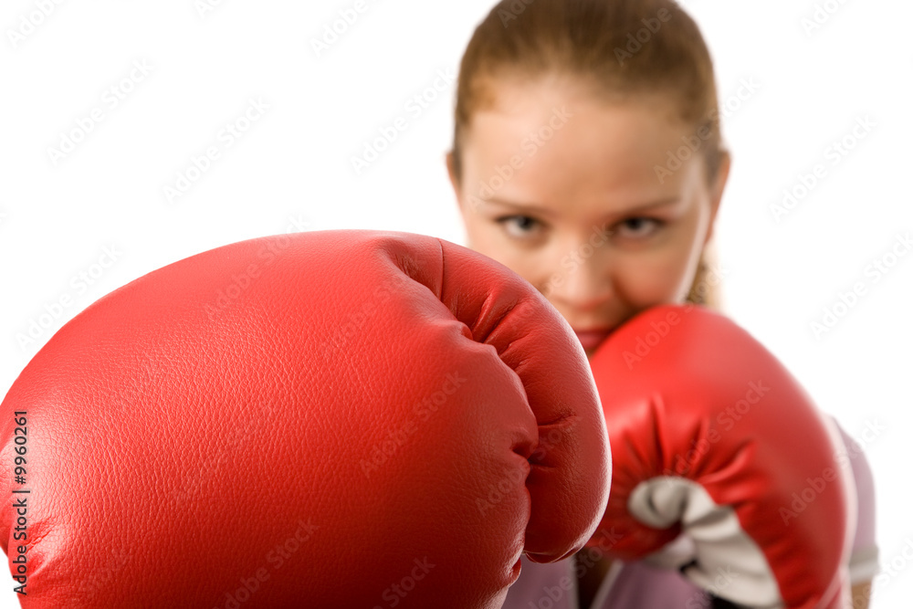 girl with red boxing gloves on a white background girl with red boxing gloves on a white background