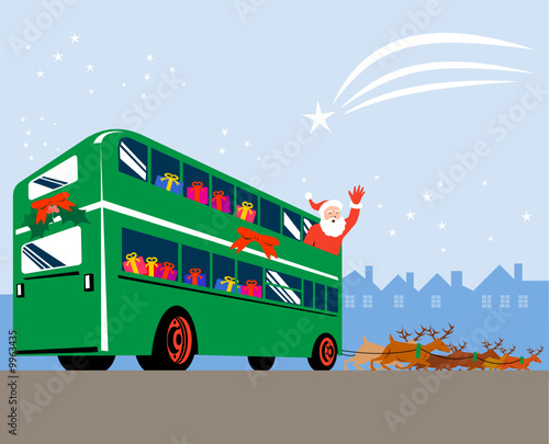 Santa Claus driving a double decker bus