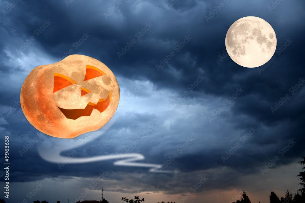 Flying Halloween pumpkin smiling at the moon. Flying Halloween pumpkin smiling at the moon.