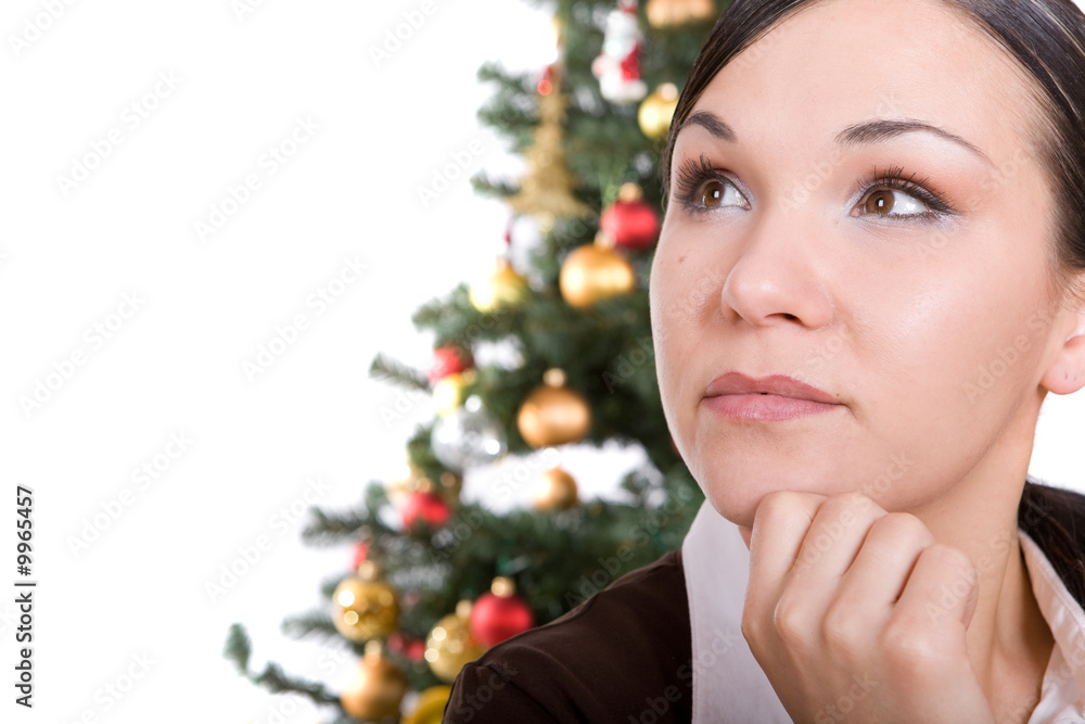 happy brunette woman over christmas tree happy brunette woman over christmas tree