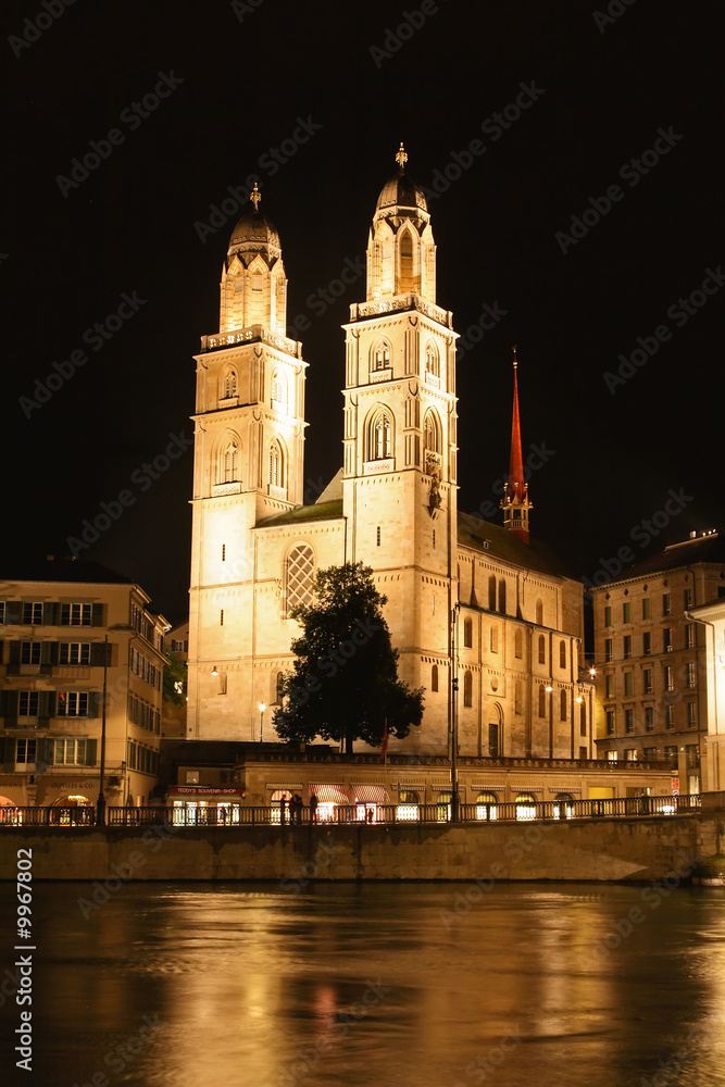 The Grossmunster Cathedral in Zurich Switzerland at night