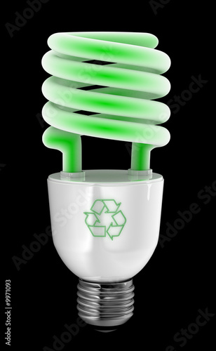 Energy saving light bulb with recycling symbol over black