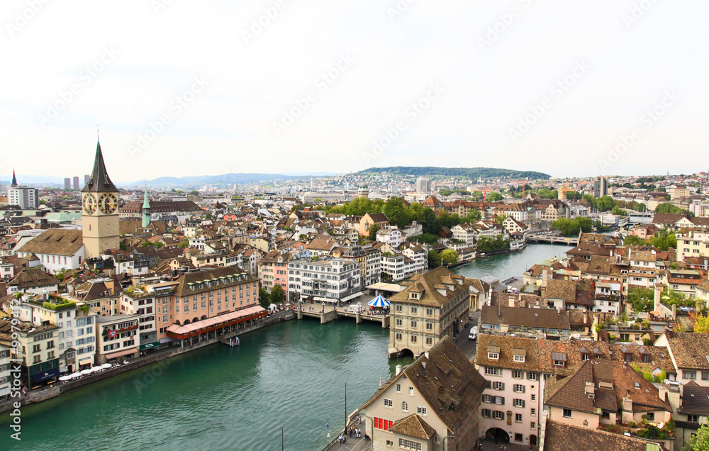 The aerial view of Zurich cityscape from the Grossmunster