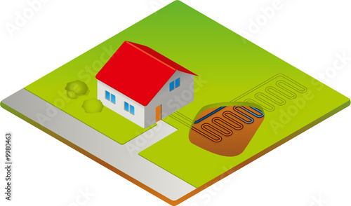 Haus mit Erdwärme schematisch