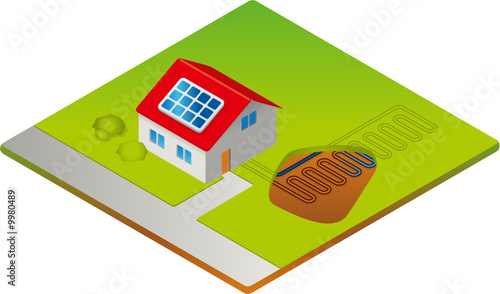 Haus mit Erdwärme und Solarzelle  schematisch