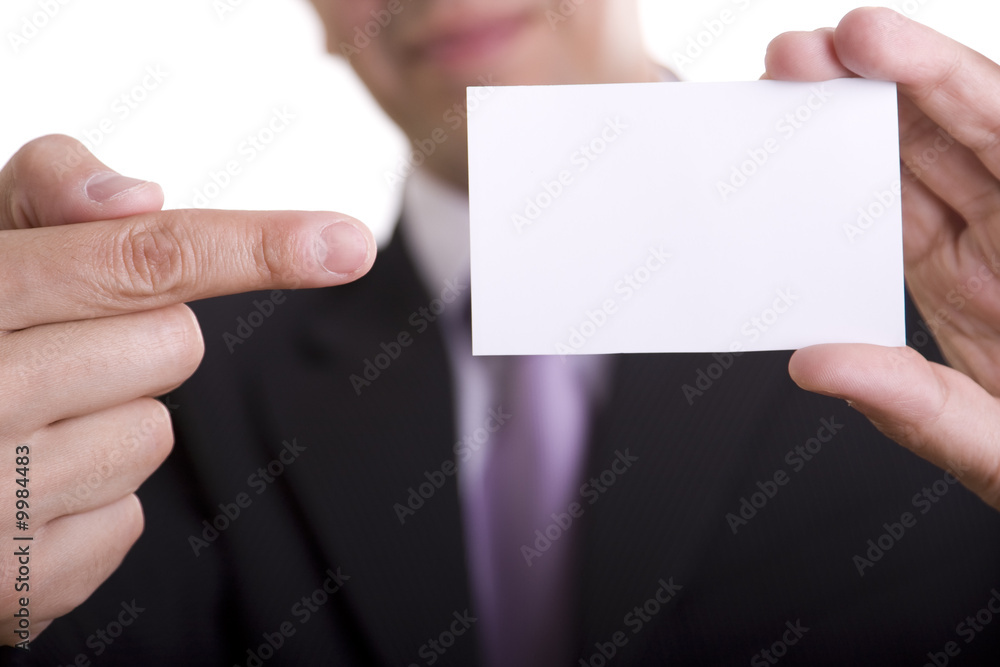 Businessman showing is blank card with copyspace Businessman showing is blank card with copyspace