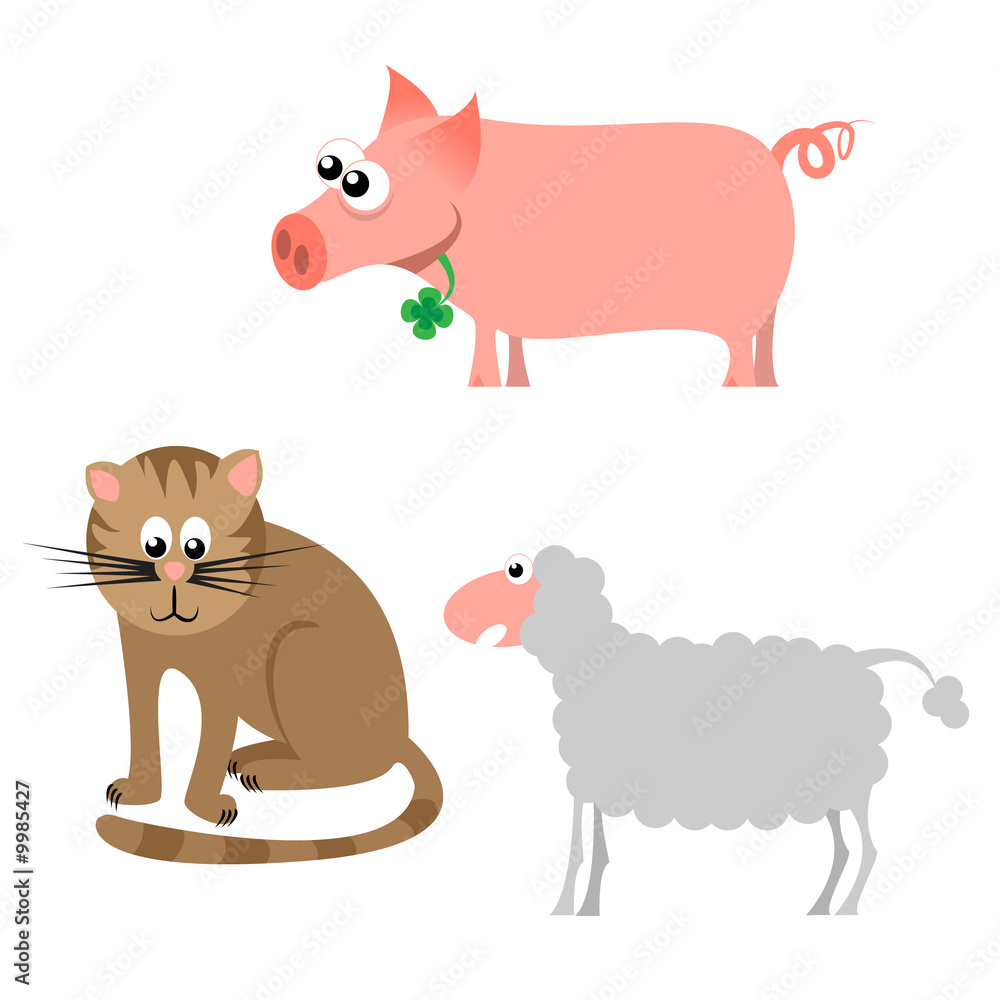 Pig, cat and sheet - cartoon vector illustrations Pig, cat and sheet - cartoon vector illustrations