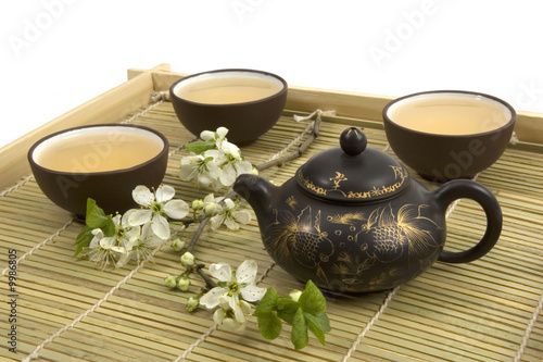tea serving in ceramic cups and teapot