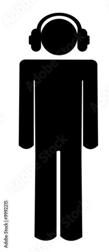 stick man or figure with headphones listening to music