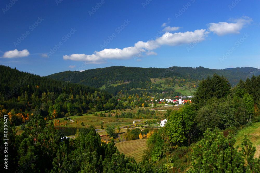Summer countryside with little village and blue sky/clouds