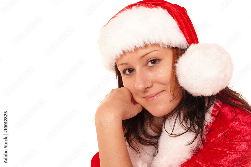 brünette Frau in Weihnachtsmannkostüm mit Nikolausmütze brünette Frau in Weihnachtsmannkostüm mit Nikolausmütze