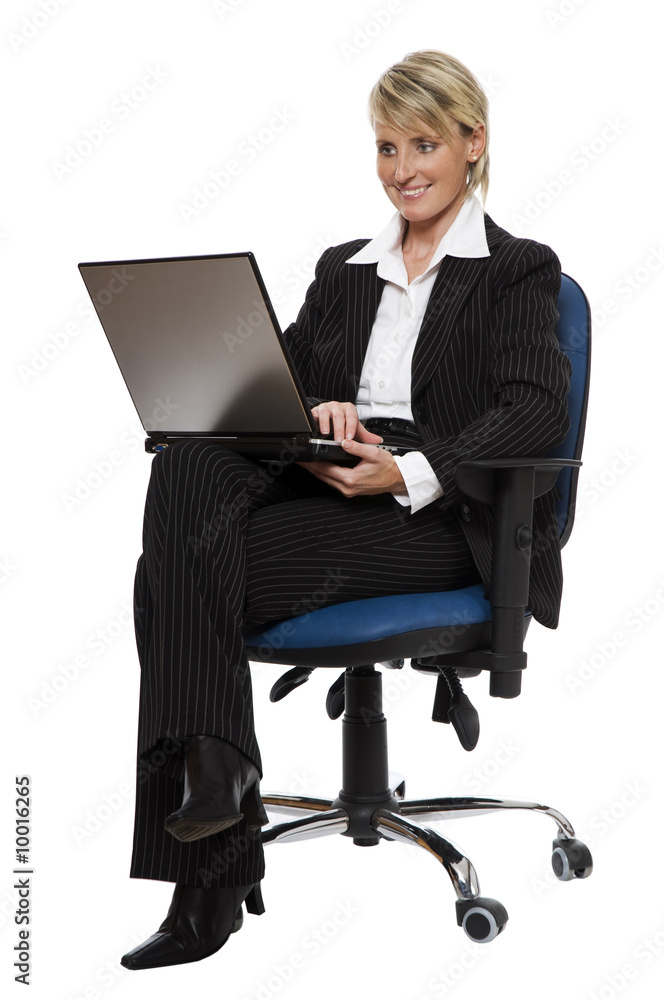 young blond business woman sitting with laptop on white young blond business woman sitting with laptop on white