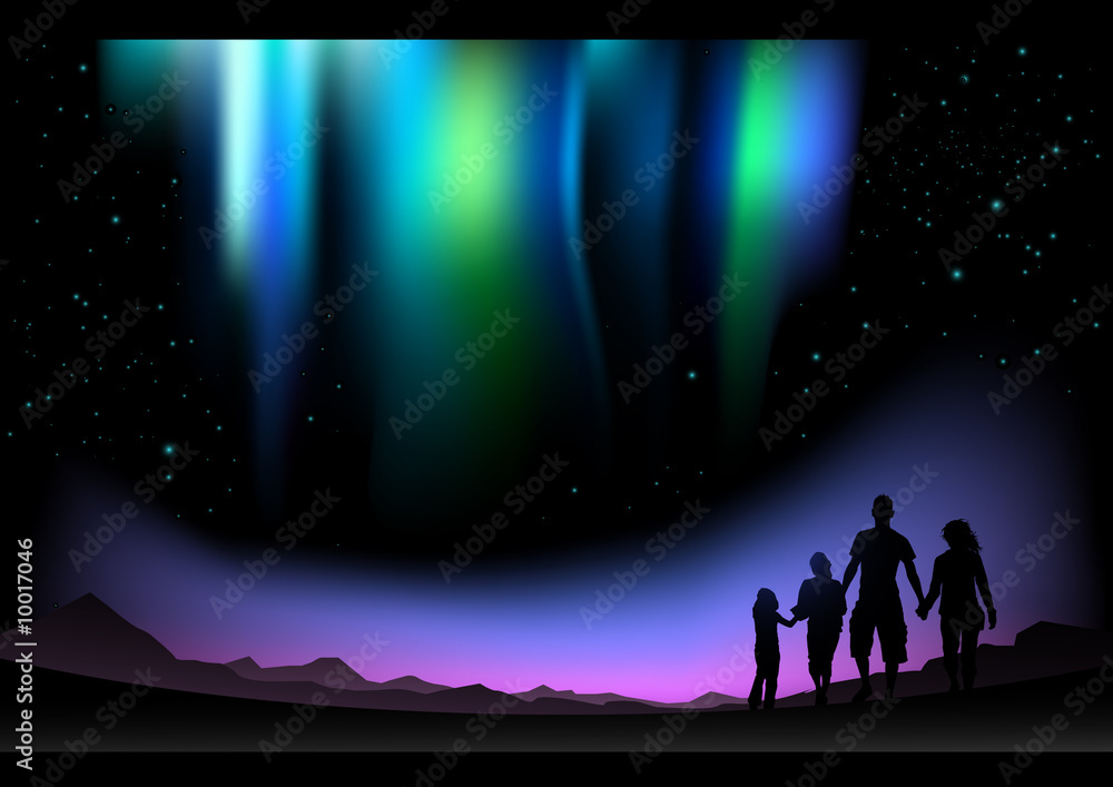 A family watch the Aurora Borealis in the north. A family watch the Aurora Borealis in the north.