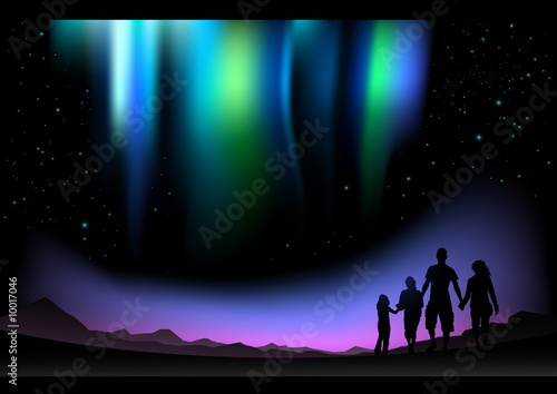 A family watch the Aurora Borealis in the north.