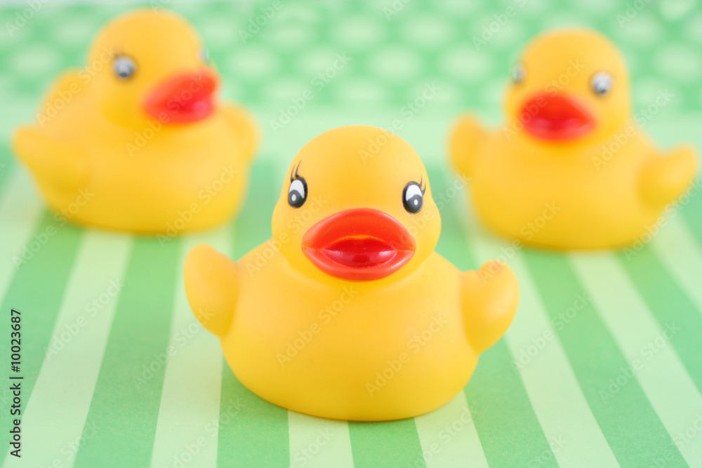 three child's rubber duck on top of green striped background three child's rubber duck on top of green striped background
