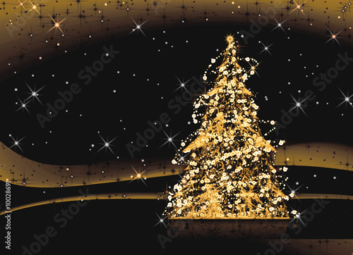 Decorated Christmas tree shining in the night, illustration