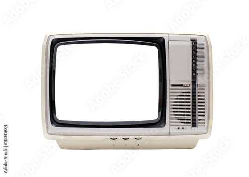 Vintage TV set isolated on white with blank white screen