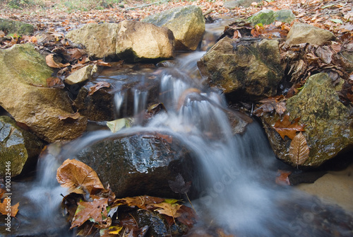 Water flowing over rocks with autumn leaves