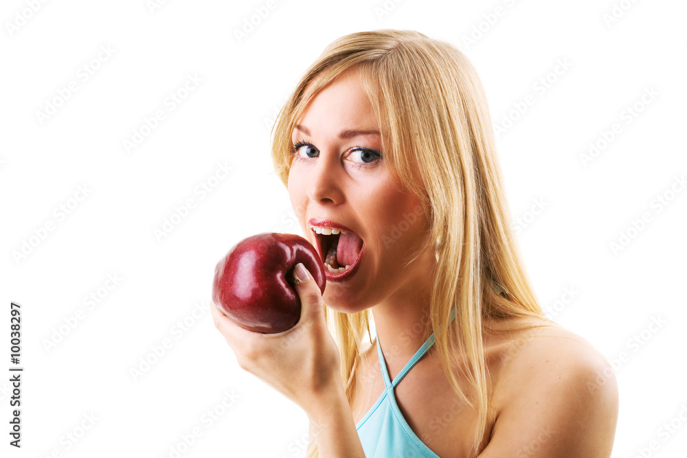 Blondine beißt in leckeren Apfel Blondine beißt in leckeren Apfel