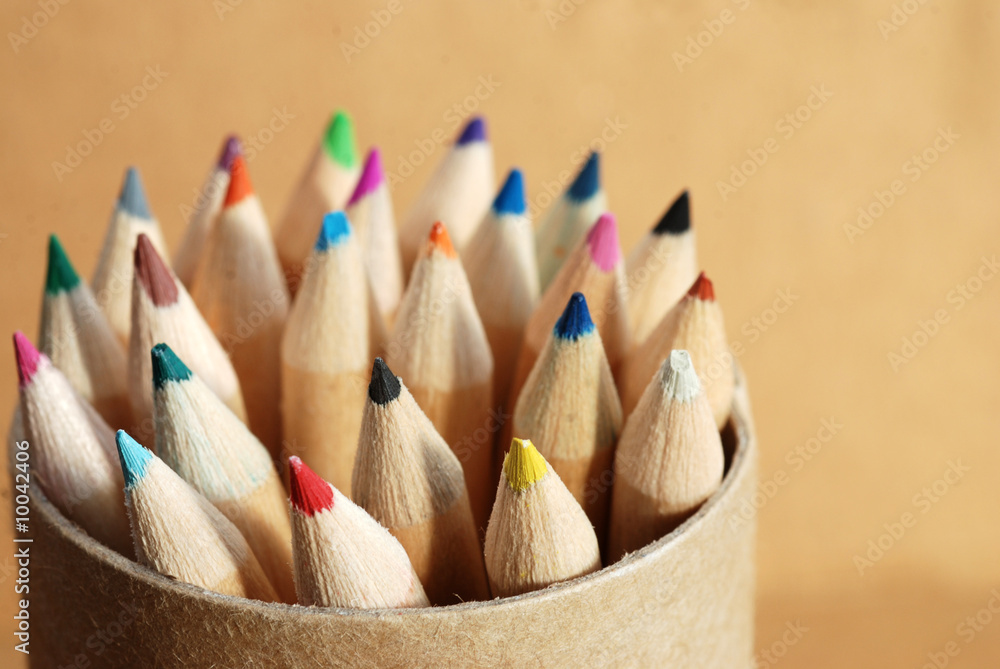 Color pencils in the case with blurred background Color pencils in the case with blurred background