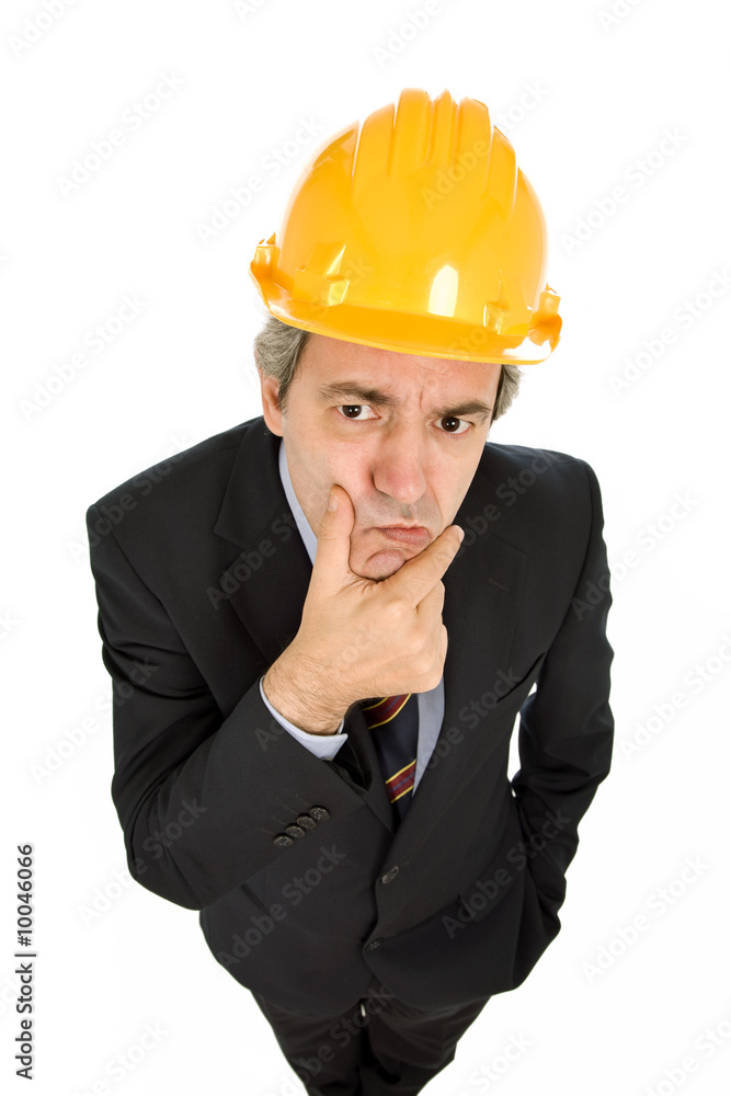 An engineer with yellow hat, isolated on white An engineer with yellow hat, isolated on white