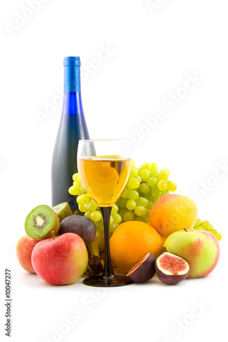 wine and fruits isolated on white