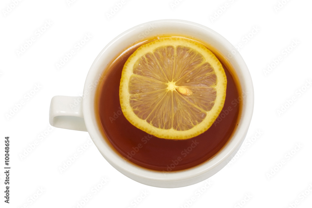 Cup with tea and a lemon on a white background Cup with tea and a lemon on a white background
