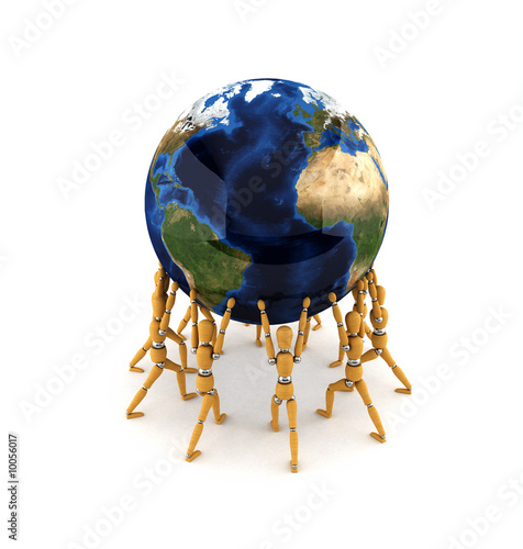 Team holding up the world over white background