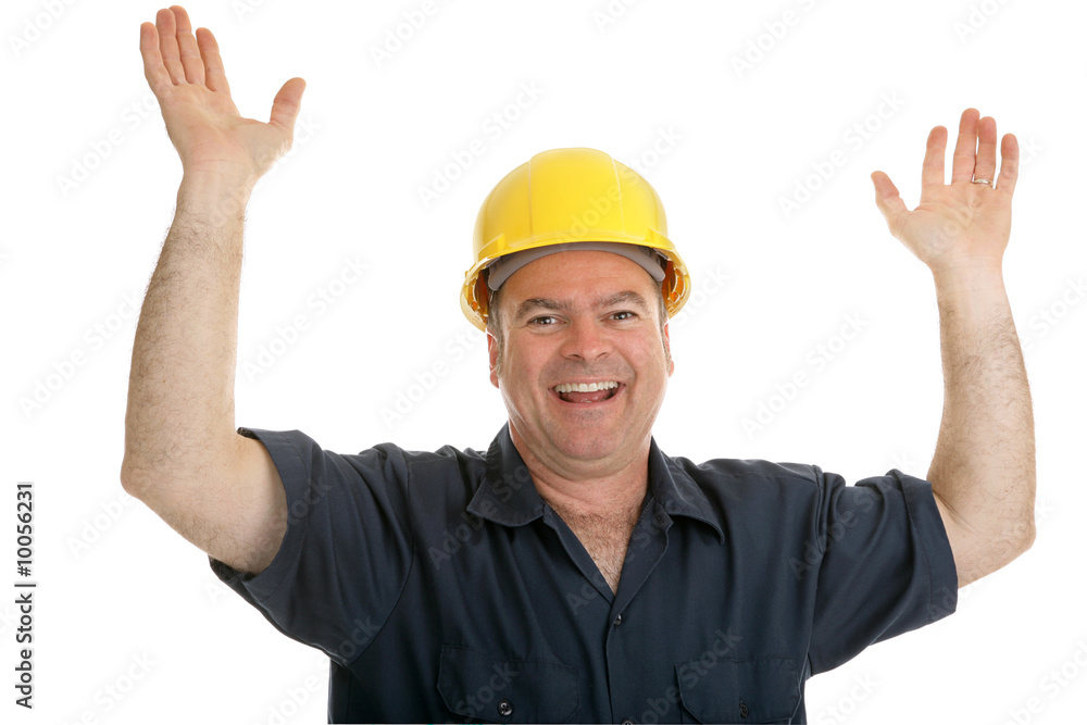 Construction worker throwing up his hands in joy. Isolated Construction worker throwing up his hands in joy. Isolated