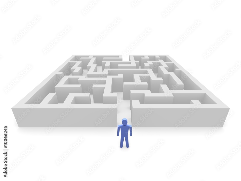 Person in front of labyrinth. 3d rendered image.
