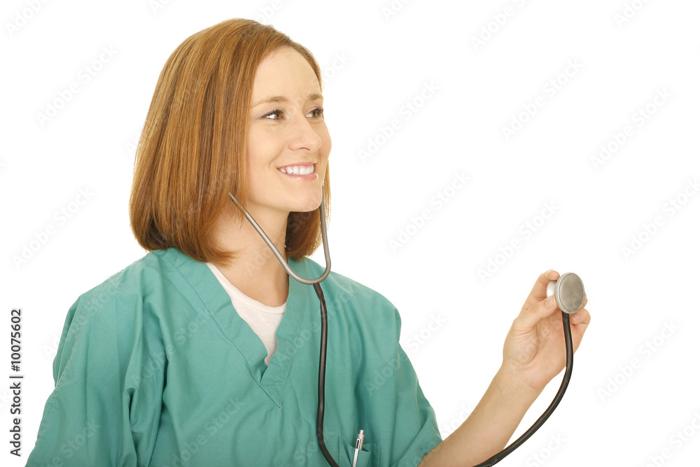 isolated nurse woman holding up stethoscope to check isolated nurse woman holding up stethoscope to check