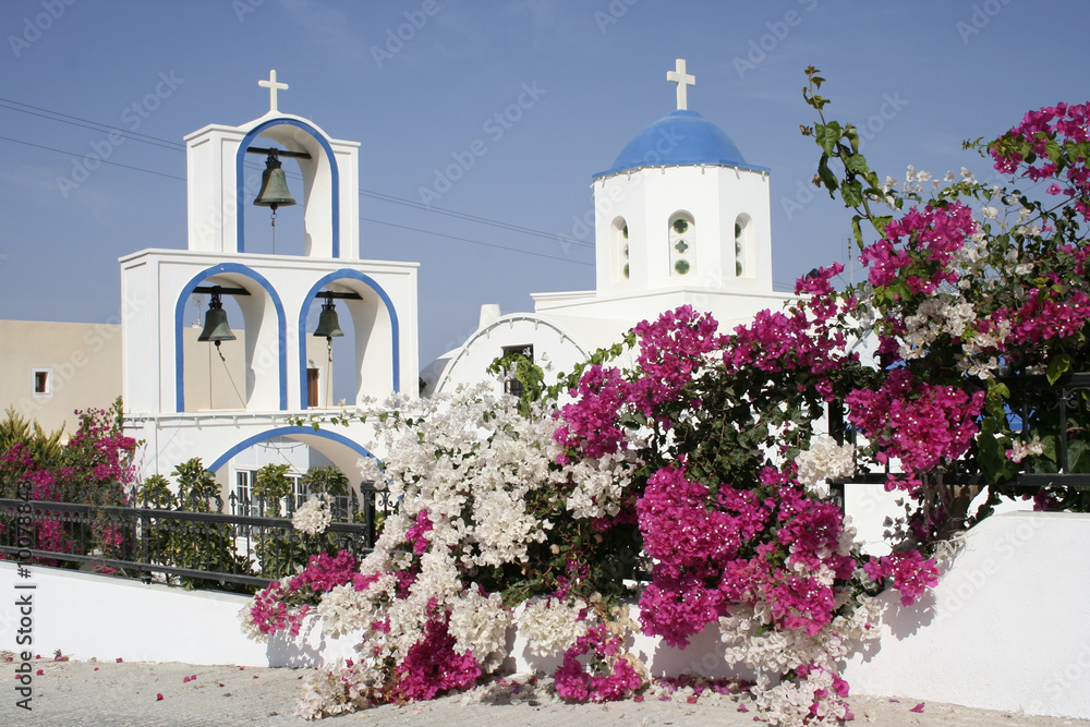 Fototapeta Santorini island church, white, blue and purple colors