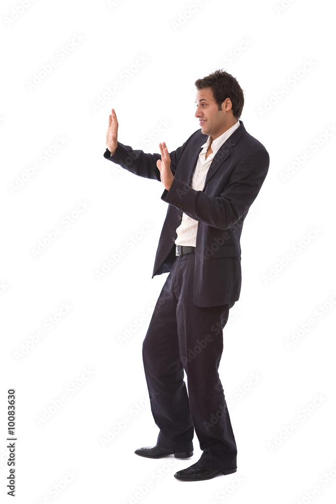 young businessman talking with someone next to him young businessman talking with someone next to him