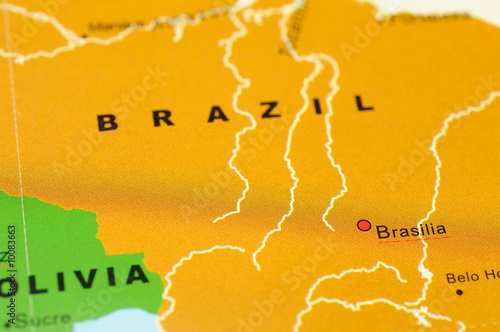 Close up of Brasilia, Brazil on map