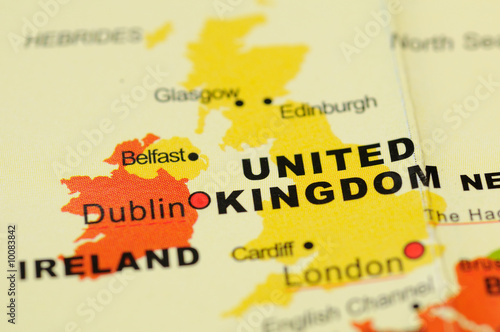 Close up of United Kingdom  on map