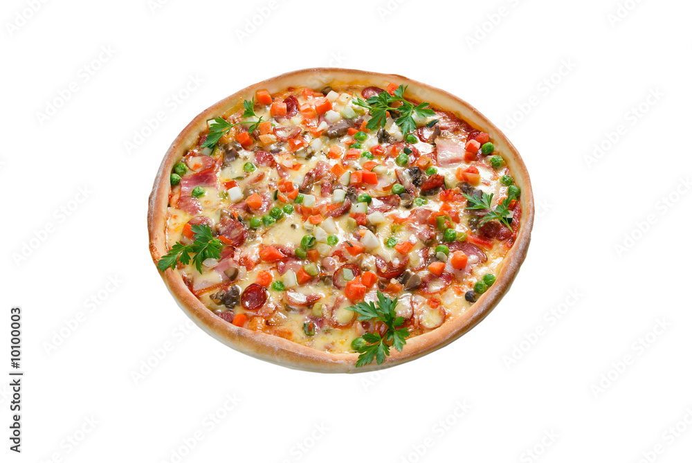 This is a tasty pizza.round pizza isolated on white background
