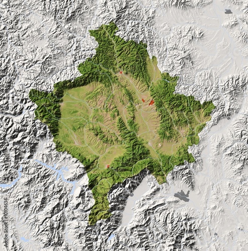 Φωτογραφία Kosovo. Shaded relief map, colored for vegetation.