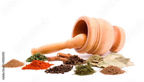 mortar and herb spices studio isolated