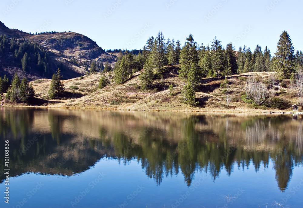 Reflections in the water of mountain lake