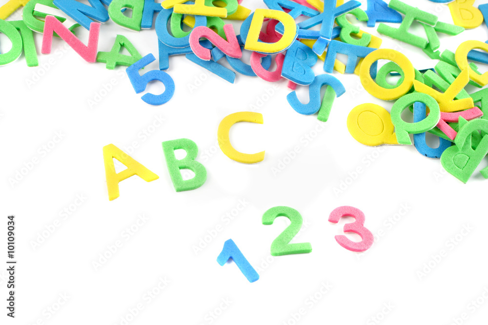 pile of letters and numbers abc and 123s on a white Stock Photo | Adobe ...