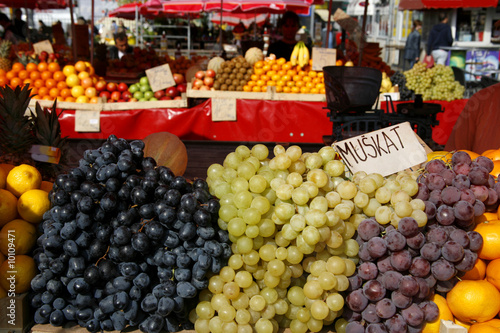 Display of fresh colourful grapes on market in Europe