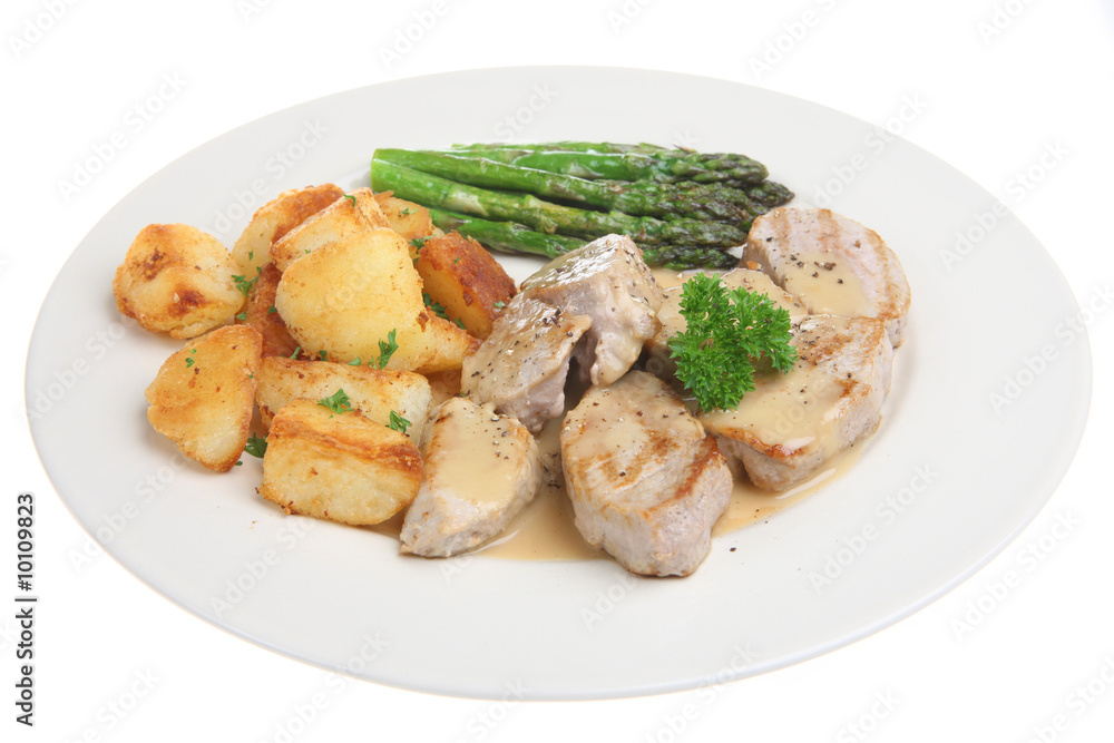 Pork medallions with sauteed potatoes and asparagus Pork medallions with sauteed potatoes and asparagus