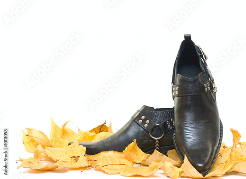 Mens shoes and fall leafs isolated on white photo