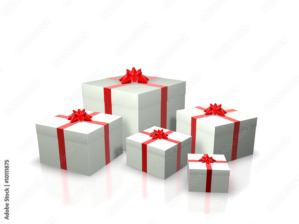 Obraz premium 3D Render. Several white gift boxes with red ribbons