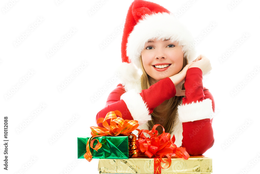 happy girl dressed as Santa with Christmas presents happy girl dressed as Santa with Christmas presents
