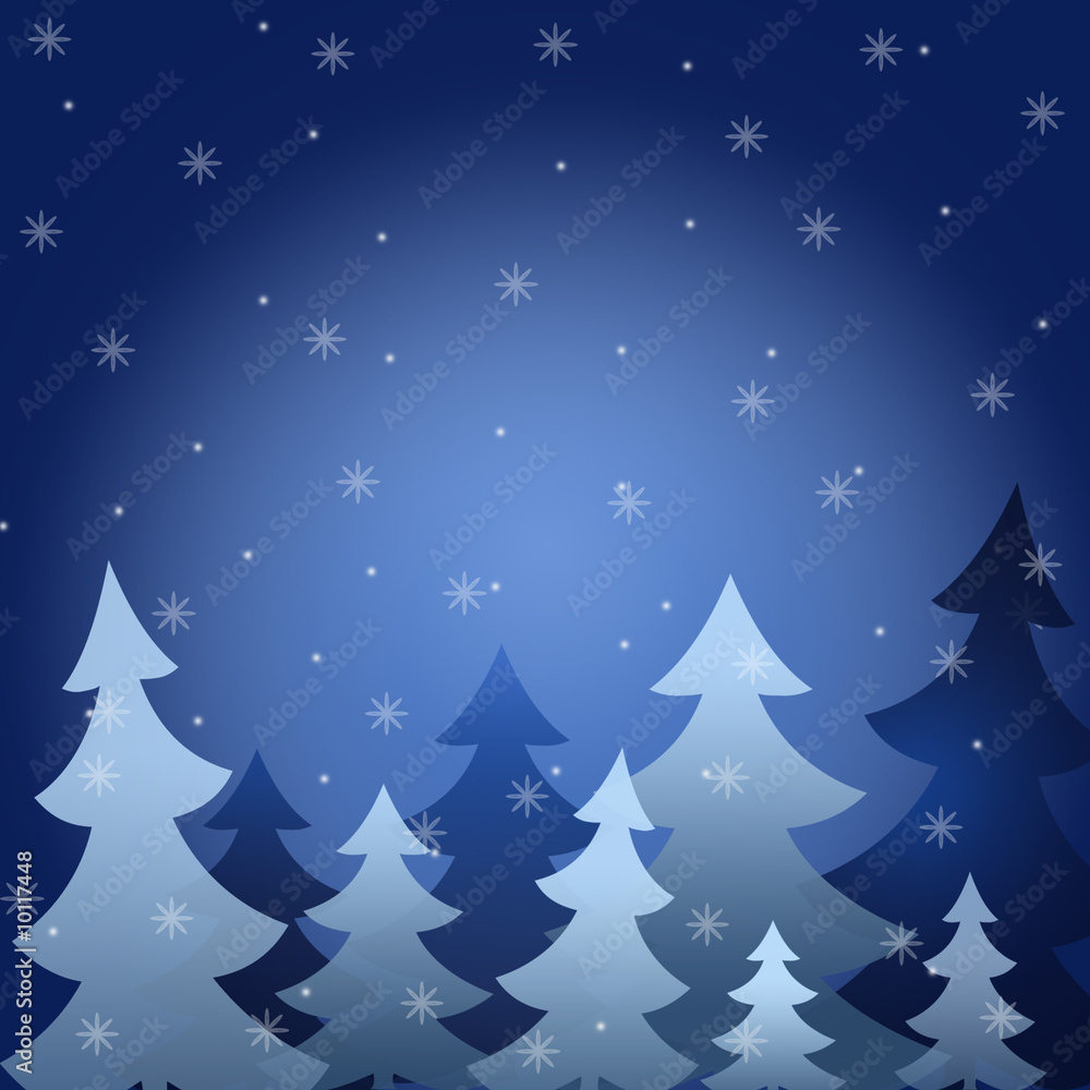 The background showing fur-trees under a snowfall at night.
