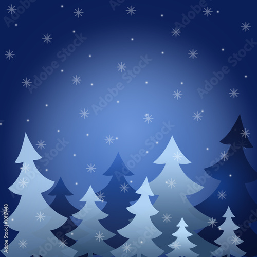 The background showing fur-trees under a snowfall at night.